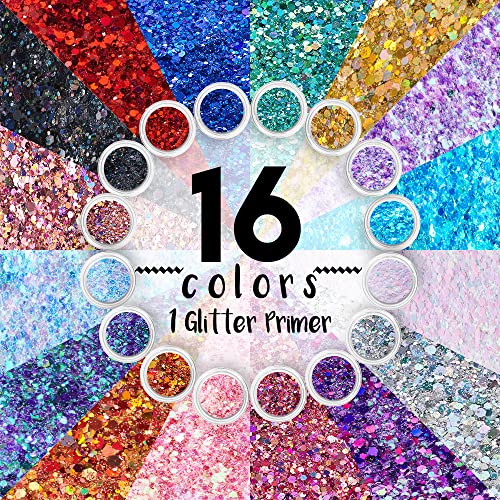 Chunky Cosmetic Holographic Glitter I Body, Face & Hair Safe I 16 Pack + 1 Gl...