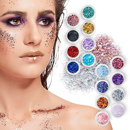 Chunky Cosmetic Holographic Glitter I Body, Face & Hair Safe I 16 Pack + 1 Gl...