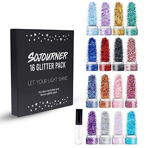 Chunky Cosmetic Holographic Glitter I Body, Face & Hair Safe I 16 Pack + 1 Gl...