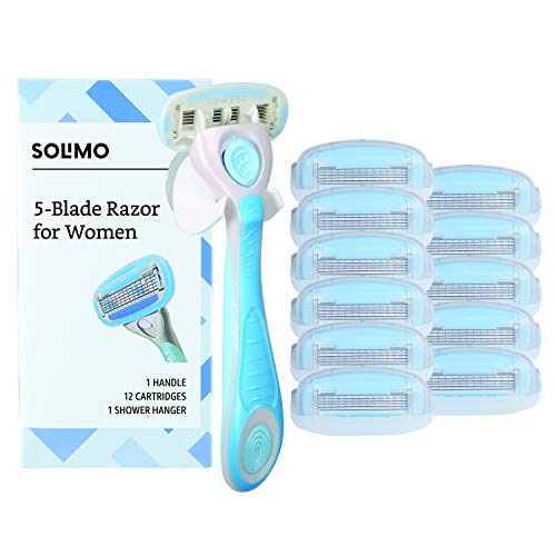 Amazon Brand - Solimo 5-Blade Razor for Women, Handle, 12 Cartridges & Shower...