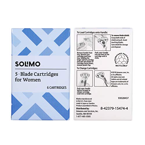 Amazon Brand - Solimo 5-Blade Razor Refills for Women, 6 Refills (Fits Solimo...