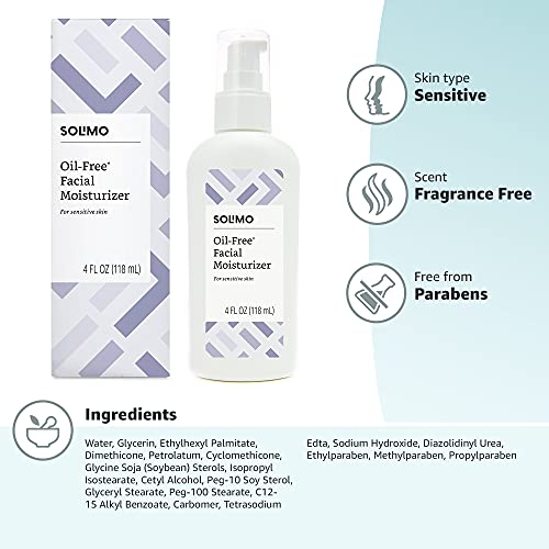 Amazon Brand - Solimo Oil-free Facial Moisturizer for Sensitive Skin, 4 Fluid...