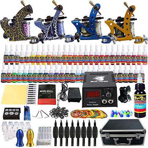 Solong Tattoo Complete Tattoo Kit 4 Pro Machine Guns 54 Inks Power Supply Foo...
