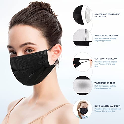 100 Pack Disposable Face Masks with Elastic Ear Loop,Breathability Comfort-Black