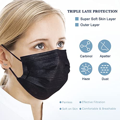 100 Pack Disposable Face Masks with Elastic Ear Loop,Breathability Comfort-Black