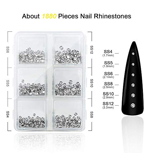 1880 Pcs Clear Nail Rhinestones, Crystal Rhinestones for Nail Decoration Kit,...