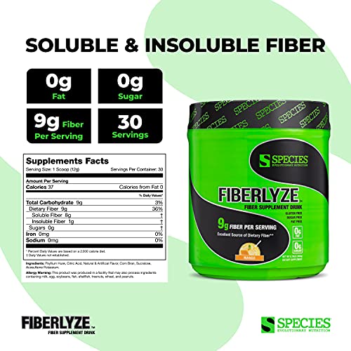 Species Nutrition Fiberlyze Fiber Supplement, Psyllium Based Soluble & Insolu...
