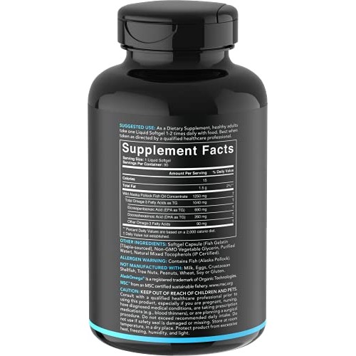 Omega-3 Fish Oil from Wild Alaska Pollock (1250mg per Capsule) with Triglycer...