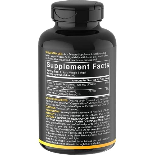 Vitamin D3 + K2 with Organic Virgin Coconut Oil | Plant-Based Vegan D3 (5000i...