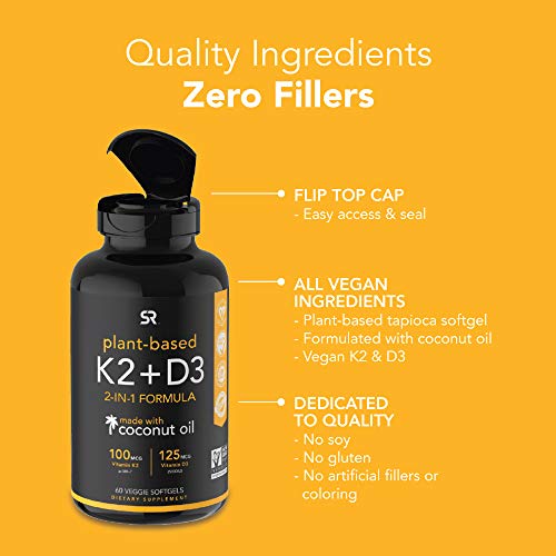 Vitamin D3 + K2 with Organic Virgin Coconut Oil | Plant-Based Vegan D3 (5000i...