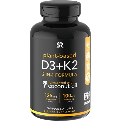 Vitamin D3 + K2 with Organic Virgin Coconut Oil | Plant-Based Vegan D3 (5000i...