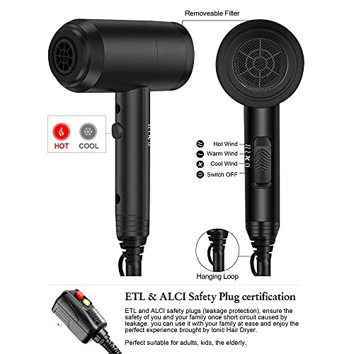 Ionic Hair Dryer, 1800W Professional Blow Dryer, Fast Drying Negative Ion Hai...