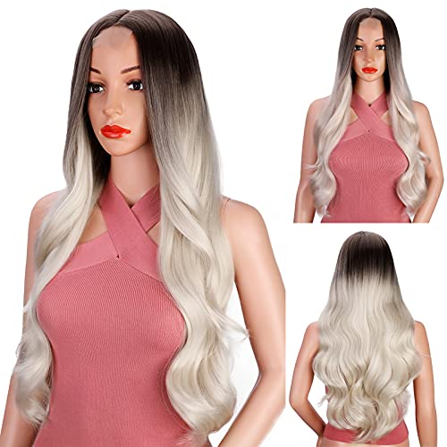 Stamped Glorious Long Wavy Wigs for Women Synthetic Platinum Blonde Ombre Wig...