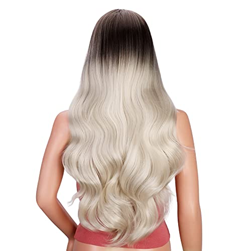 Stamped Glorious Long Wavy Wigs for Women Synthetic Platinum Blonde Ombre Wig...