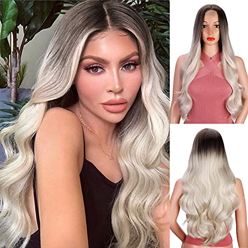 Stamped Glorious Long Wavy Wigs for Women Synthetic Platinum Blonde Ombre Wig...