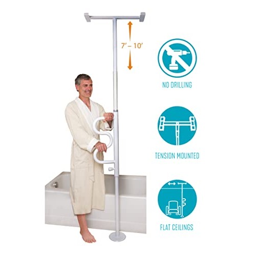 Stander Security Pole and Curve Grab Bar, Elderly Tension Mounted Floor to Ce...