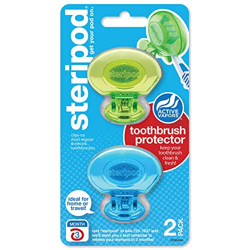 Steripod Clip-On Toothbrush Protector, Clear Blue and Clear Green, 2 Count