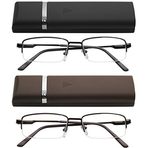 Reading Glasses 2 Pair Black and Brown with Cases Ultra Thin Lightweight Spri...