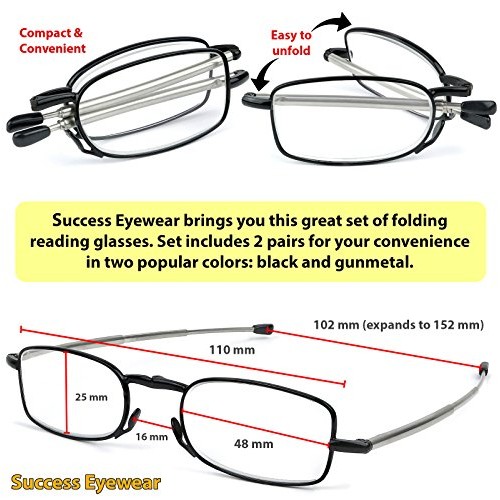 Reading Glasses 2 Pair Black and Gunmetal Readers Compact Folding Unisex Glas...