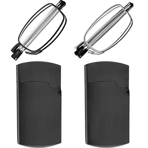 Reading Glasses 2 Pair Black and Gunmetal Readers Compact Folding Unisex Glas...