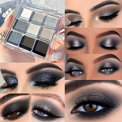 Black Smokey Silver Glitter Shimmer Eyeshadow Palette 9 Colors Cool Toned Mat...