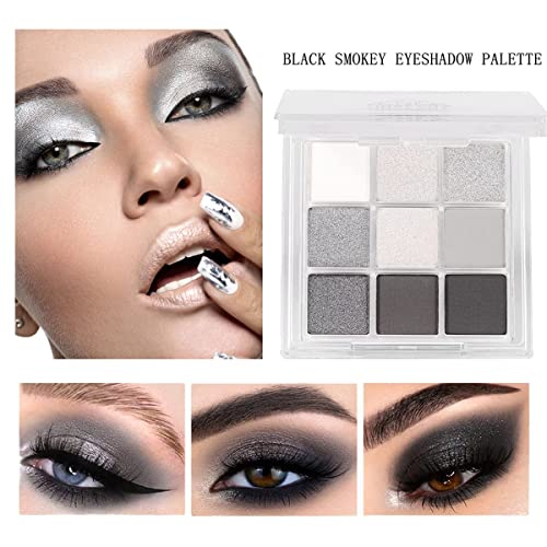 Black Smokey Silver Glitter Shimmer Eyeshadow Palette 9 Colors Cool Toned Mat...