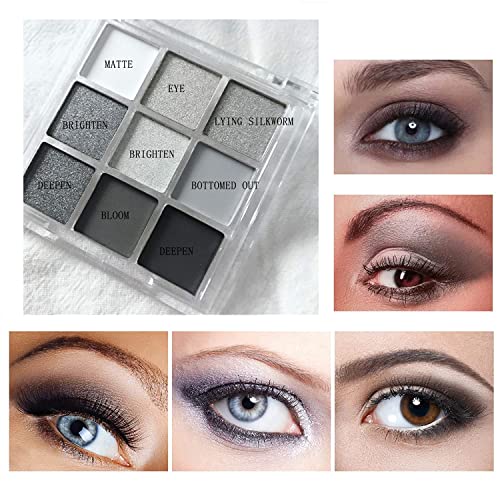 Black Smokey Silver Glitter Shimmer Eyeshadow Palette 9 Colors Cool Toned Mat...