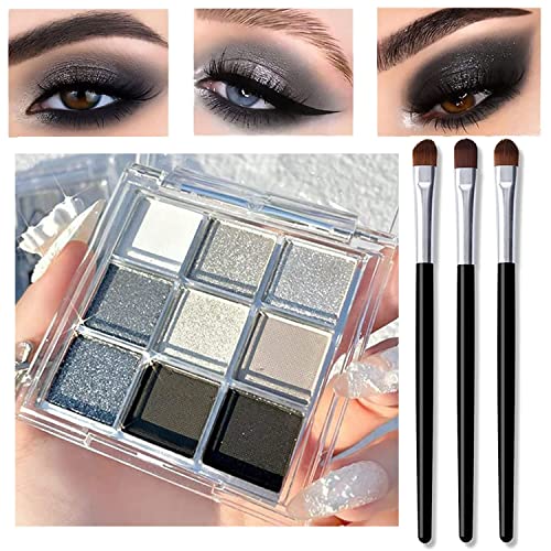 Black Smokey Silver Glitter Shimmer Eyeshadow Palette 9 Colors Cool Toned Mat...