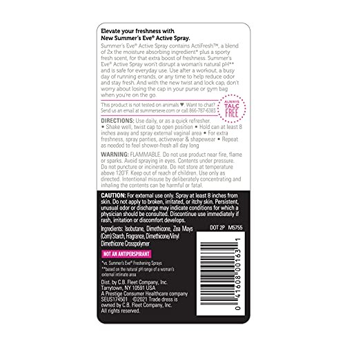 Summer's Eve Active Freshening Spray, Absorbs Moisture, 2 oz