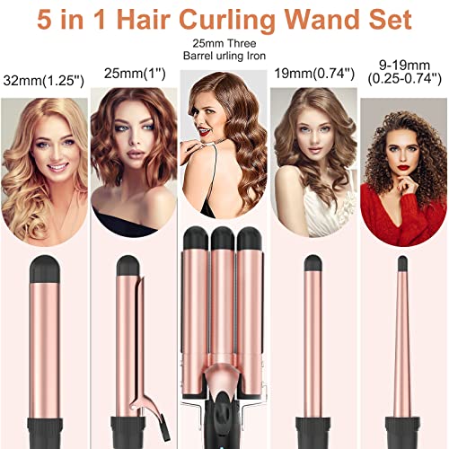 Professional Curling Iron Set, 5 in 1 Curling Wand with 1" 3 Barrel Hair Wave...
