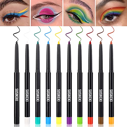 SUSIKEKI 10pcs Colored Gel Eyeliner Pencil Set With Sharpeners Waterproof Lon...