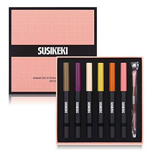 SUSIKEKI 6PCS Eyeshadow Stick + 1PC Double End Eyeshadow Brush Soft Creamy Ma...