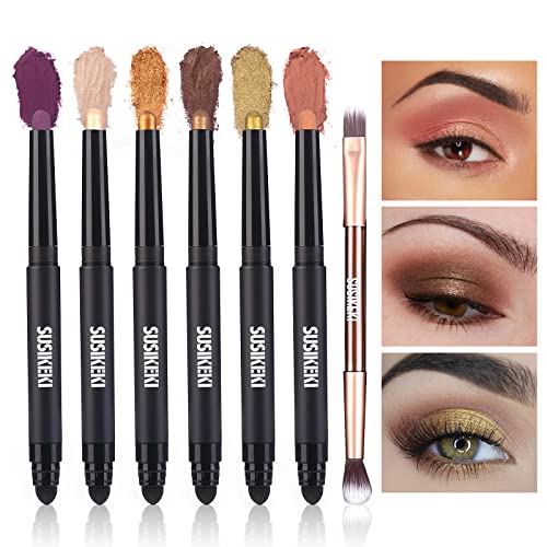 SUSIKEKI 6PCS Eyeshadow Stick + 1PC Double End Eyeshadow Brush Soft Creamy Ma...