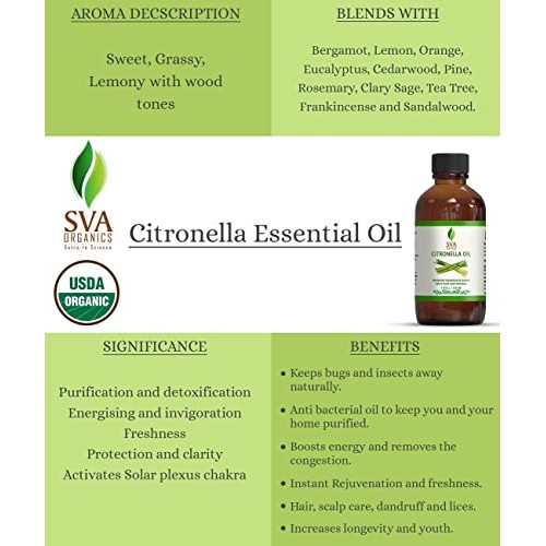 SVA Organics Citronella Essential Oil Organic USDA 4 Oz Pure Natural Therapeu...