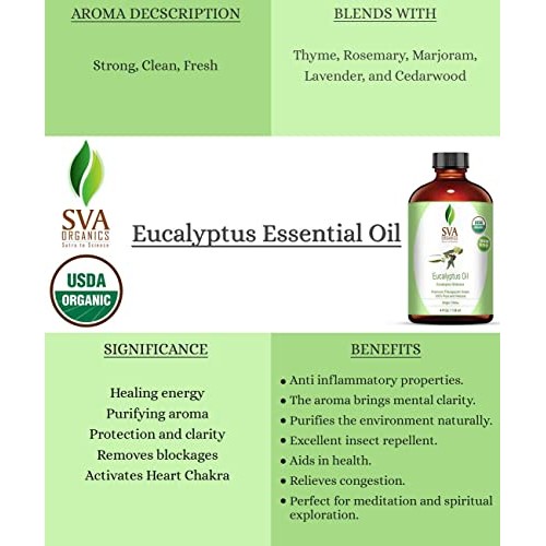 SVA Organics Eucalyptus Essential Oil Organic 4 Oz USDA with Dropper 100% Pur...