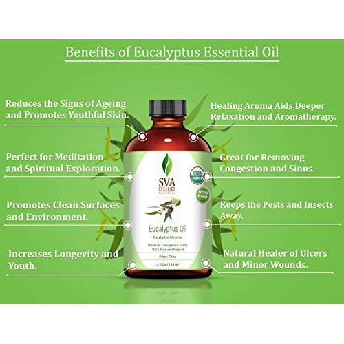 SVA Organics Eucalyptus Essential Oil Organic 4 Oz USDA with Dropper 100% Pur...