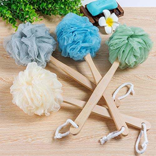 4 Pack Large Bath Puff Loofah Sponge With Long Handle Shower Loofah, Bath Bod...