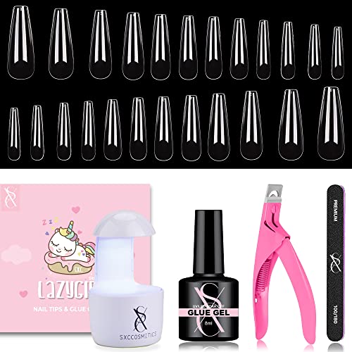 SXC Cosmetics G-43 XXL Nail Tips Glue Gel Kit with 240PCS XXL Coffin Nail tip...