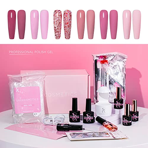SXC Cosmetics G-45 Pink Gel Nail Polish Kit with XXL Nail Tips and Glue Gel N...