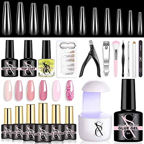 SXC Cosmetics G-45 Pink Gel Nail Polish Kit with XXL Nail Tips and Glue Gel N...