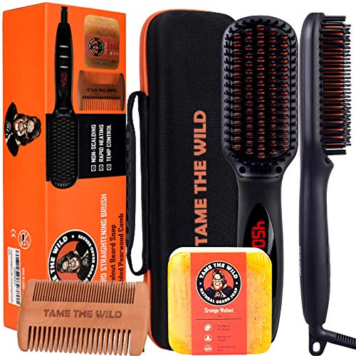 TAME THE WILD Elite Beard Straightener Brush Kit-ION Technology-Portable Anti...