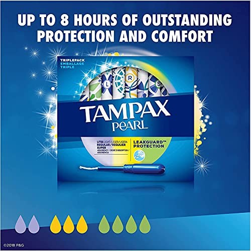 Tampax Pearl Plastic Tampons, Light/Regular/Super Absorbency Multipack, 188 C...
