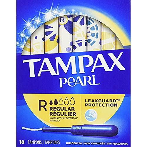 Tampax Pearl Plastic Unscented Tampons, Regular Absorbency, Blue, 18 Count