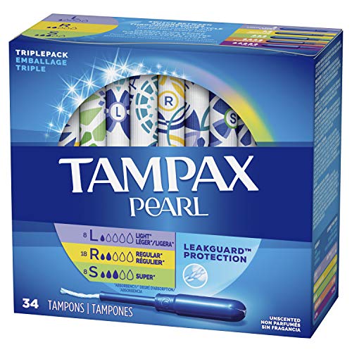 Tampax Pearl Tampons, Light/Regular/Super Absorbency with LeakGuard Braid, Tr...