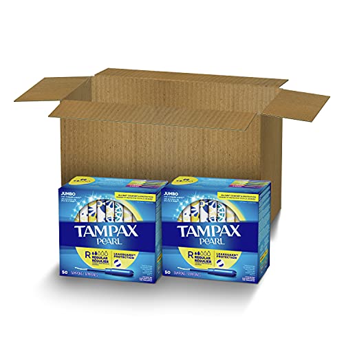 Tampax Pearl Tampons Regular Absorbency, 100 Count, BPA-Free Plastic Applicat...