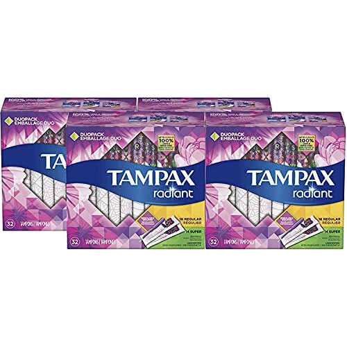 Tampax Radiant Plastic Tampons, Regular/Super Absorbency Duopack, 112 Count, ...