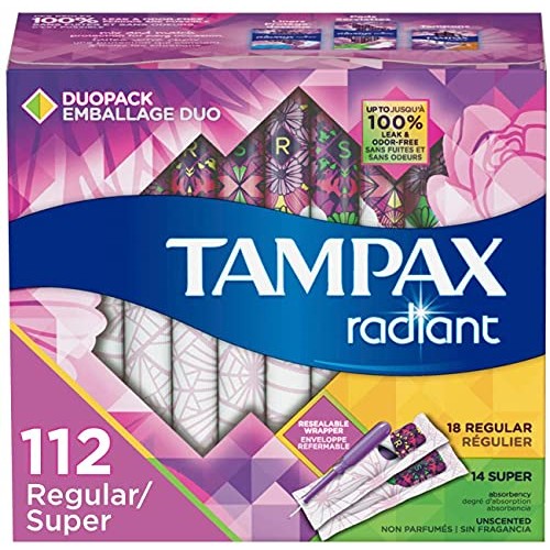 Tampax Radiant Plastic Tampons, Regular/Super Absorbency Duopack, 112 Count, ...