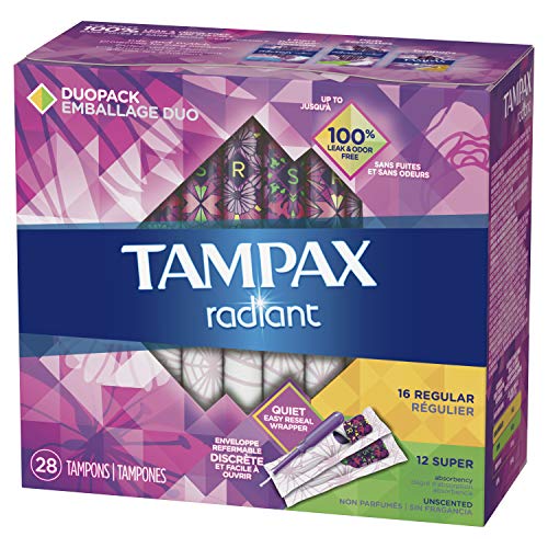 Tampax Radiant Plastic Tampons, Regular/Super Absorbency Duopack, 28 Count (P...