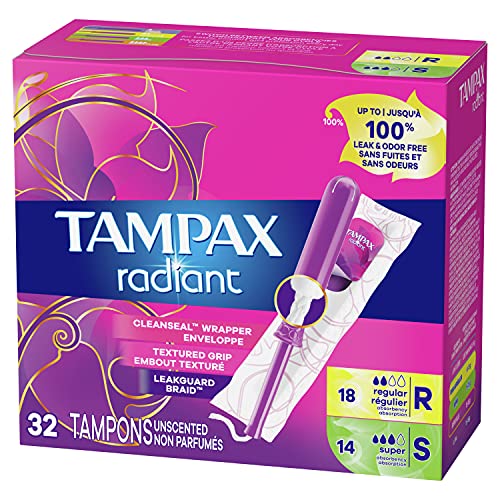 Tampax Radiant Tampons Duo Pack, Regular/Super Absorbency, 96 Count, BPA-Free...
