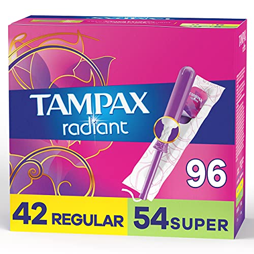 Tampax Radiant Tampons Duo Pack, Regular/Super Absorbency, 96 Count, BPA-Free...